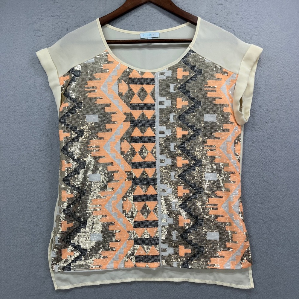 JUN&IVY Sequin Top Women Medium Cream Aztec Geometric Short Sleeve Sparkle Party